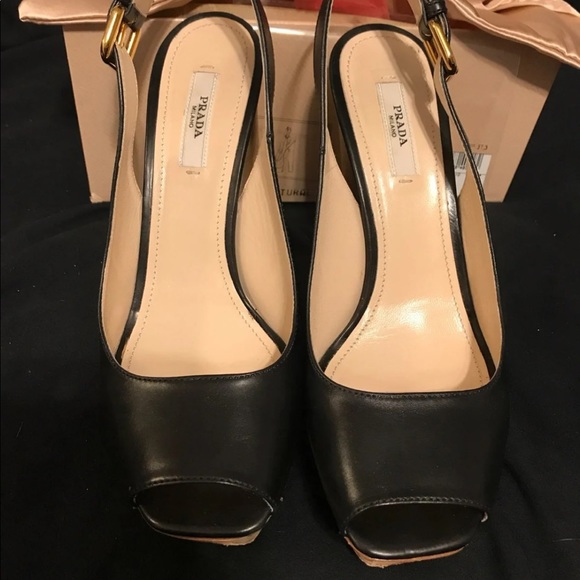 Prada black leather cork heel sling back open toe - Picture 1 of 12